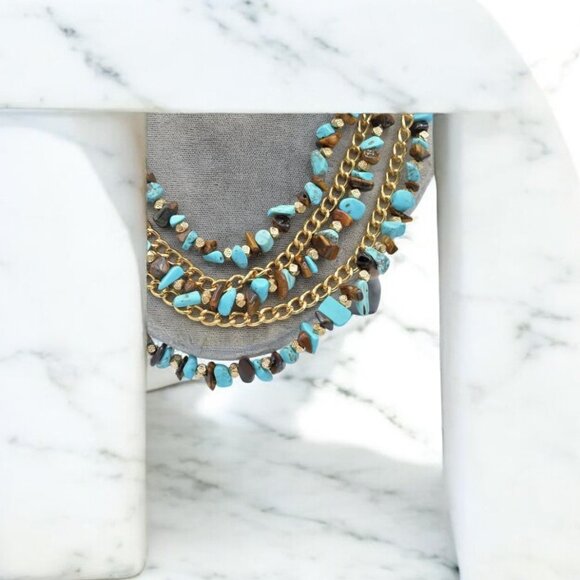 NWOT Cruise Club Turquoise & Tiger Eye Necklace & Earring Set - Picture 5 of 5